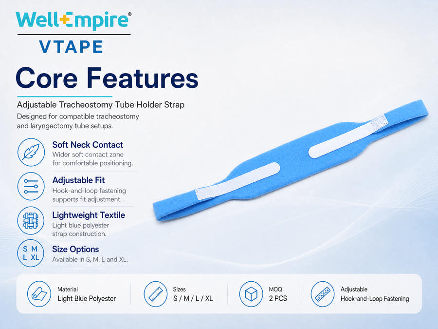 WellEmpire VTAPE core features infographic for light blue adjustable tracheostomy tube holder strap
