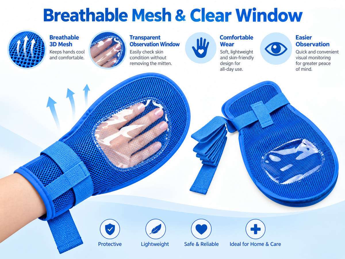 Adult protective care mitten with breathable 3D mesh and transparent observation window