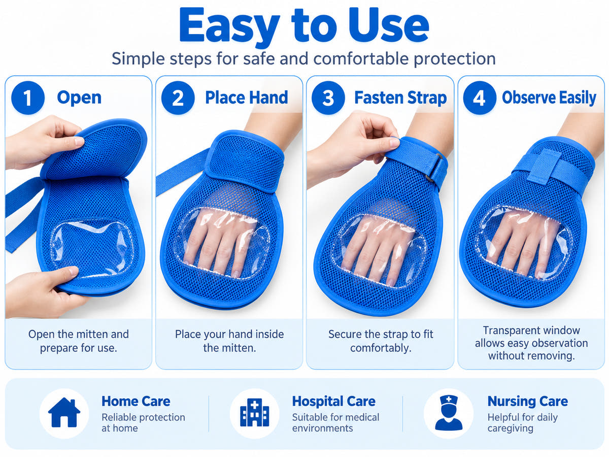 Adult protective care mitten step-by-step use guide with adjustable wrist strap