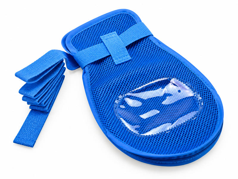 Adult protective care mitten in blue breathable mesh on a clean white background