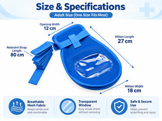 Adult protective care mitten size guide with 27 cm length, 18 cm width, 12 cm opening width and 80 cm strap
