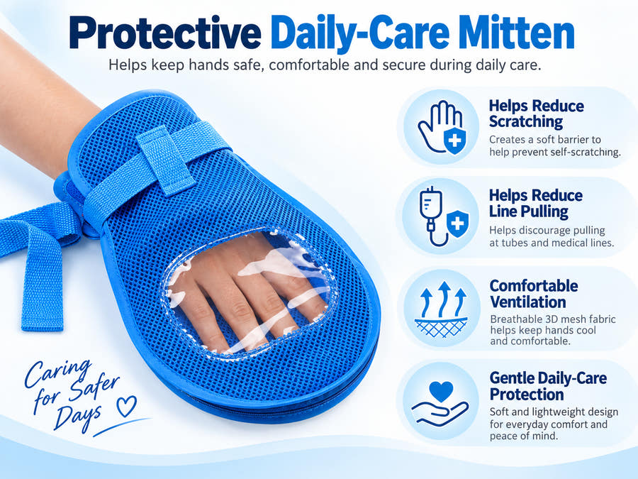 Children's protective daily-care mitten designed to help reduce scratching and accidental pulling of lines or dressings