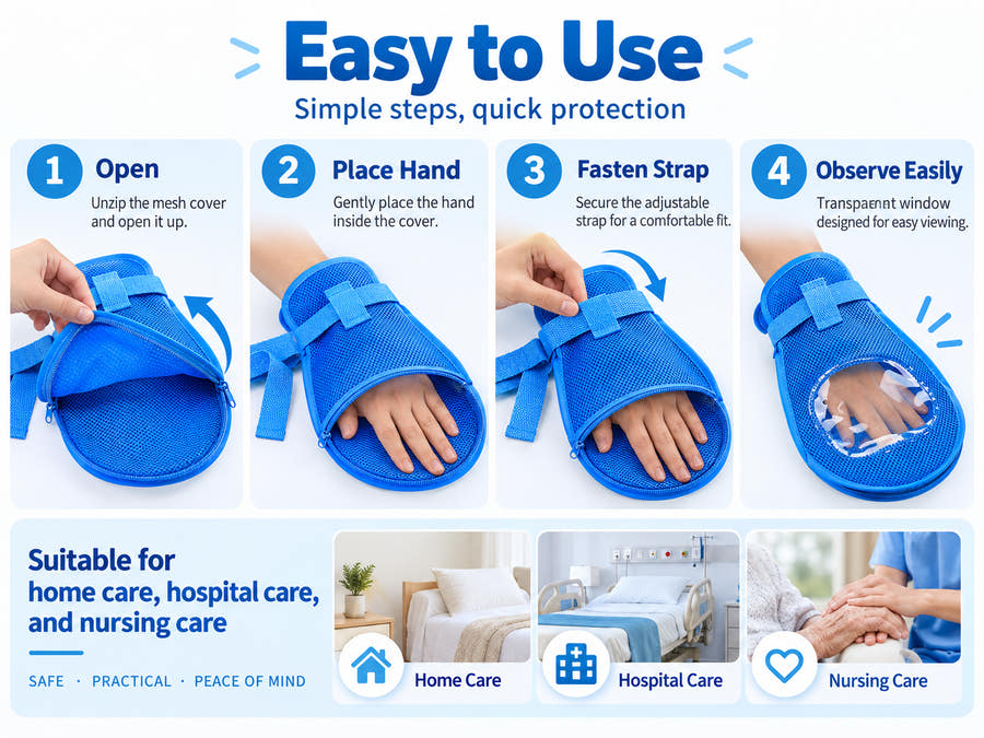 Children's protective care mitten step-by-step use guide with adjustable wrist strap