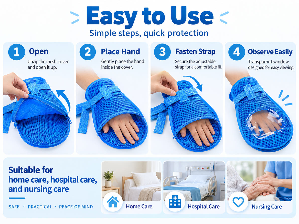 Children's protective care mitten step-by-step use guide with adjustable wrist strap