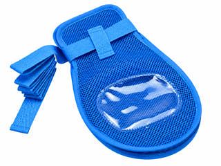 Children's protective care mitten in blue breathable mesh on a clean white background