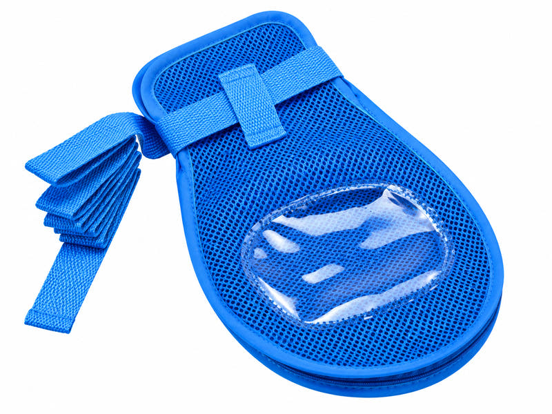 Children's protective care mitten in blue breathable mesh on a clean white background