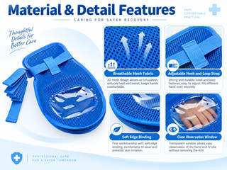 Children's protective care mitten material details with breathable mesh, soft edge binding, clear window and adjustable hook-and-loop strap