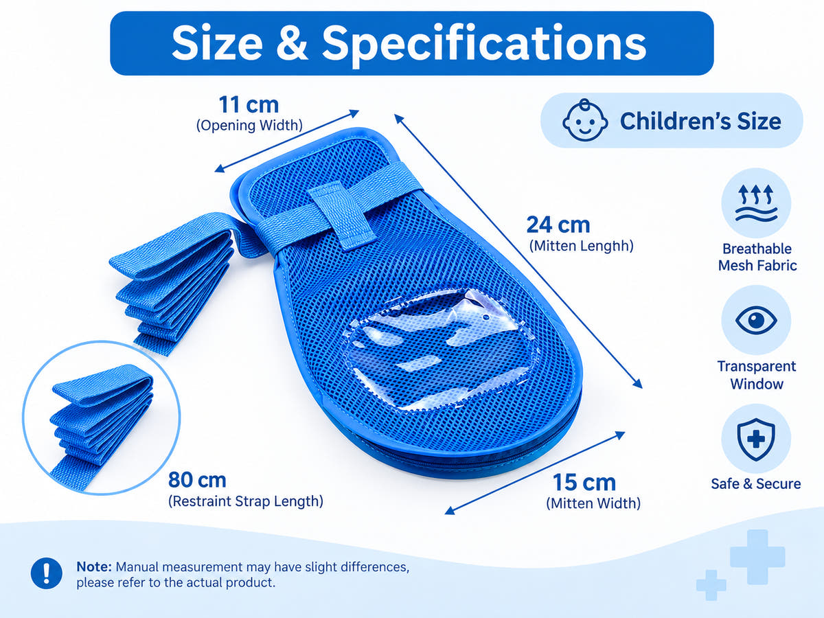 Children's protective care mitten size guide with 24 cm length, 15 cm width, 11 cm opening width and 80 cm strap