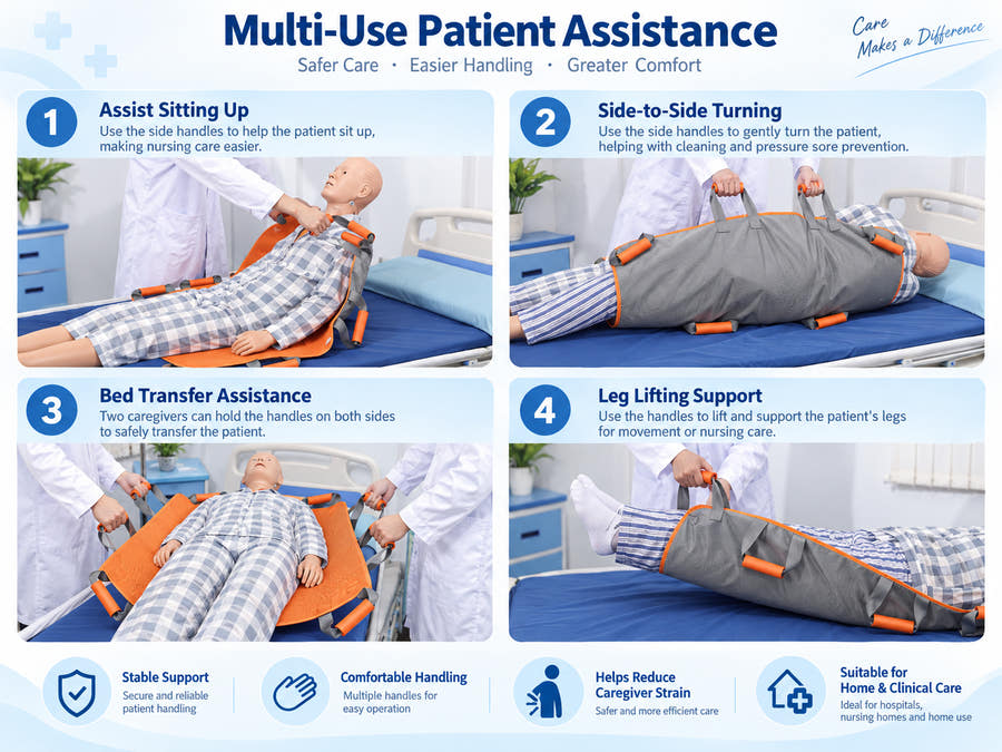 Multi-use patient transfer sling assistance scenarios including sitting up, side turning, bed transfer and leg lifting