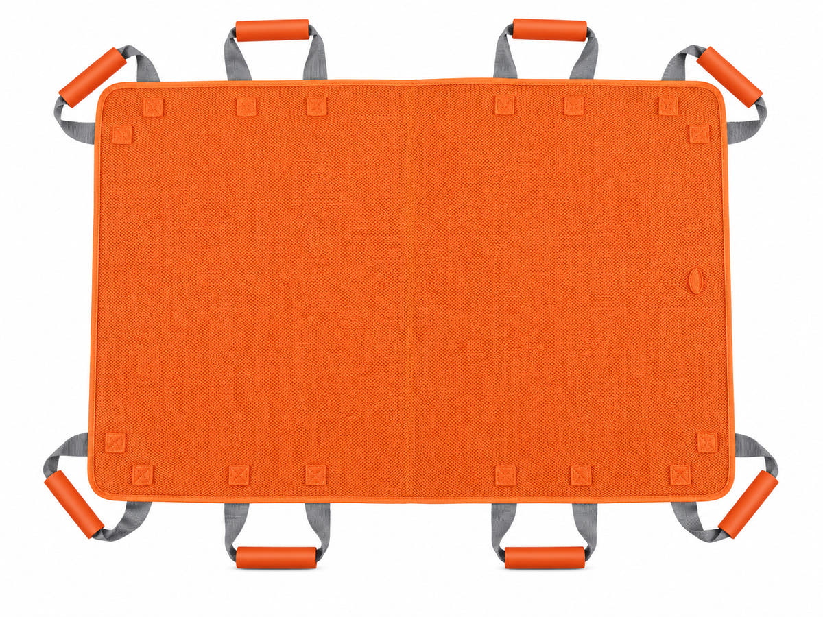 Multi-use patient transfer sling in orange on a clean white background