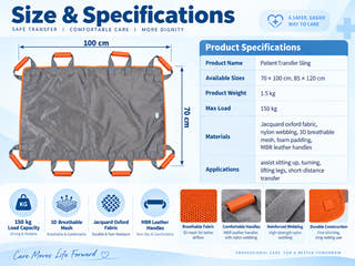 Multi-use patient transfer sling size and specifications for 70 x 100 cm and 85 x 120 cm sizes