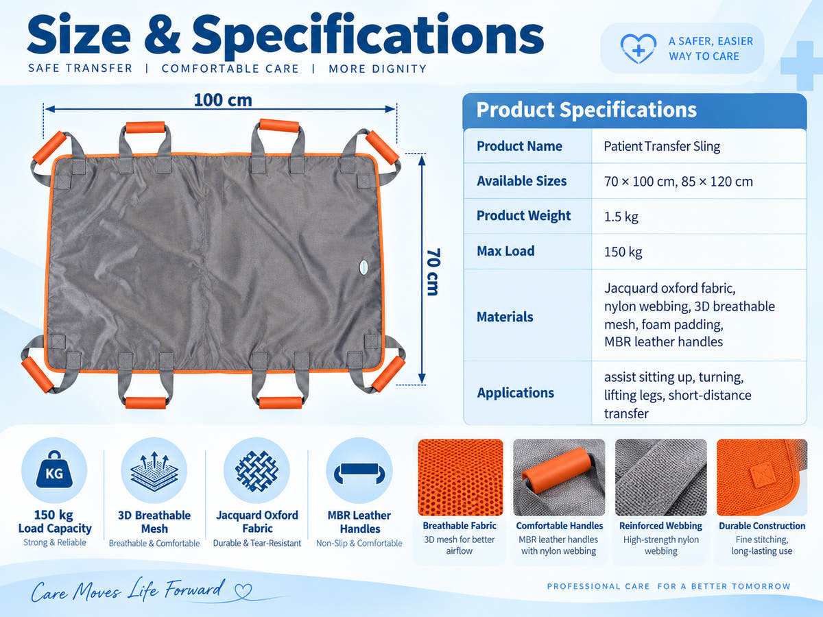 Multi-use patient transfer sling size and specifications for 70 x 100 cm and 85 x 120 cm sizes