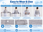Patient positioning vest step-by-step wearing guide with adjustable side straps and front snap buttons