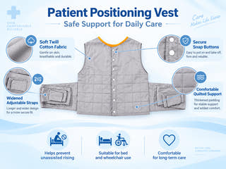 Patient positioning vest feature overview with snap buttons, adjustable straps, quilted support and soft twill cotton fabric