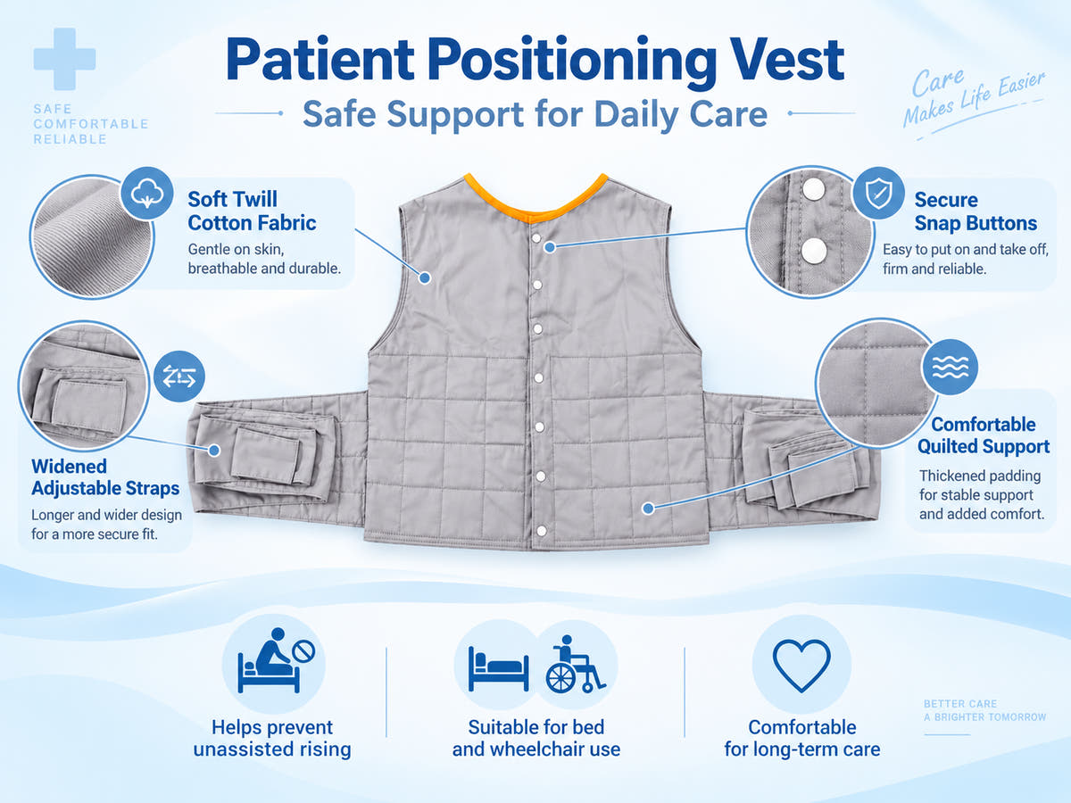 Patient positioning vest feature overview with snap buttons, adjustable straps, quilted support and soft twill cotton fabric