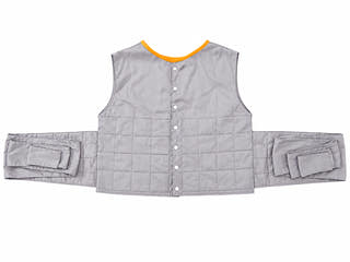 Patient positioning vest in gray with orange trim on a clean white background