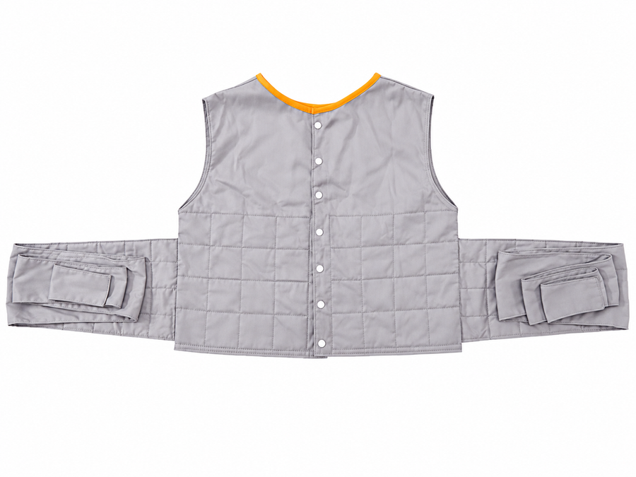Patient positioning vest in gray with orange trim on a clean white background