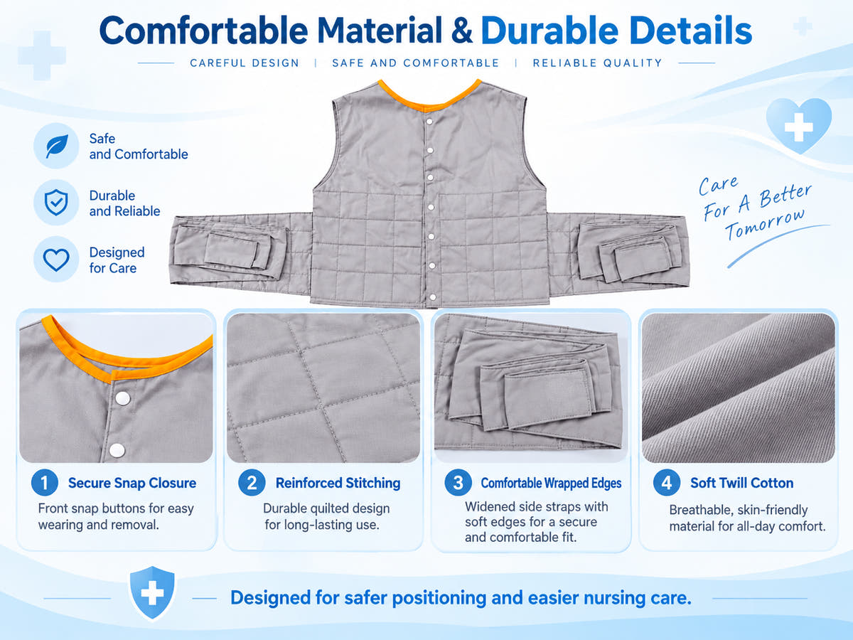 Patient positioning vest material details with reinforced stitching, widened padded edges, snap closure and soft twill cotton
