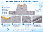 Patient positioning vest material details with reinforced stitching, widened padded edges, snap closure and soft twill cotton