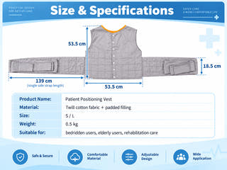 Patient positioning vest size and specifications with 53.5 cm body dimensions, 139 cm side strap length and 0.5 kg weight
