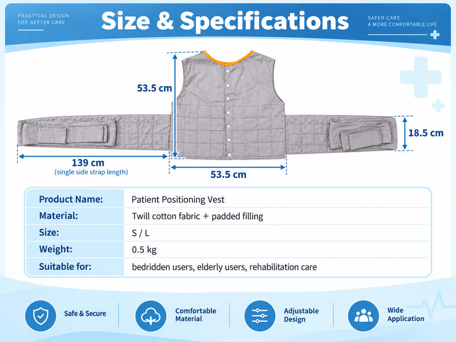 Patient positioning vest size and specifications with 53.5 cm body dimensions, 139 cm side strap length and 0.5 kg weight