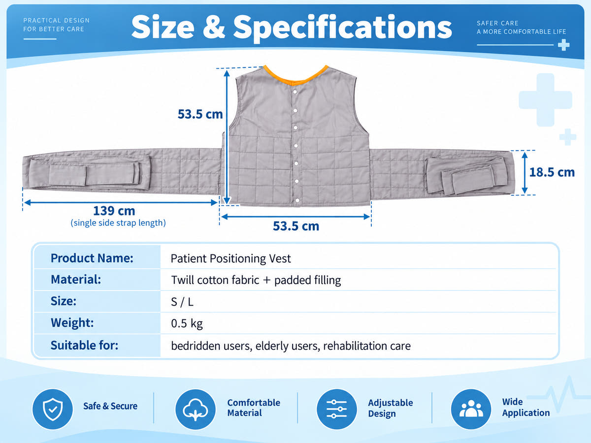 Patient positioning vest size and specifications with 53.5 cm body dimensions, 139 cm side strap length and 0.5 kg weight