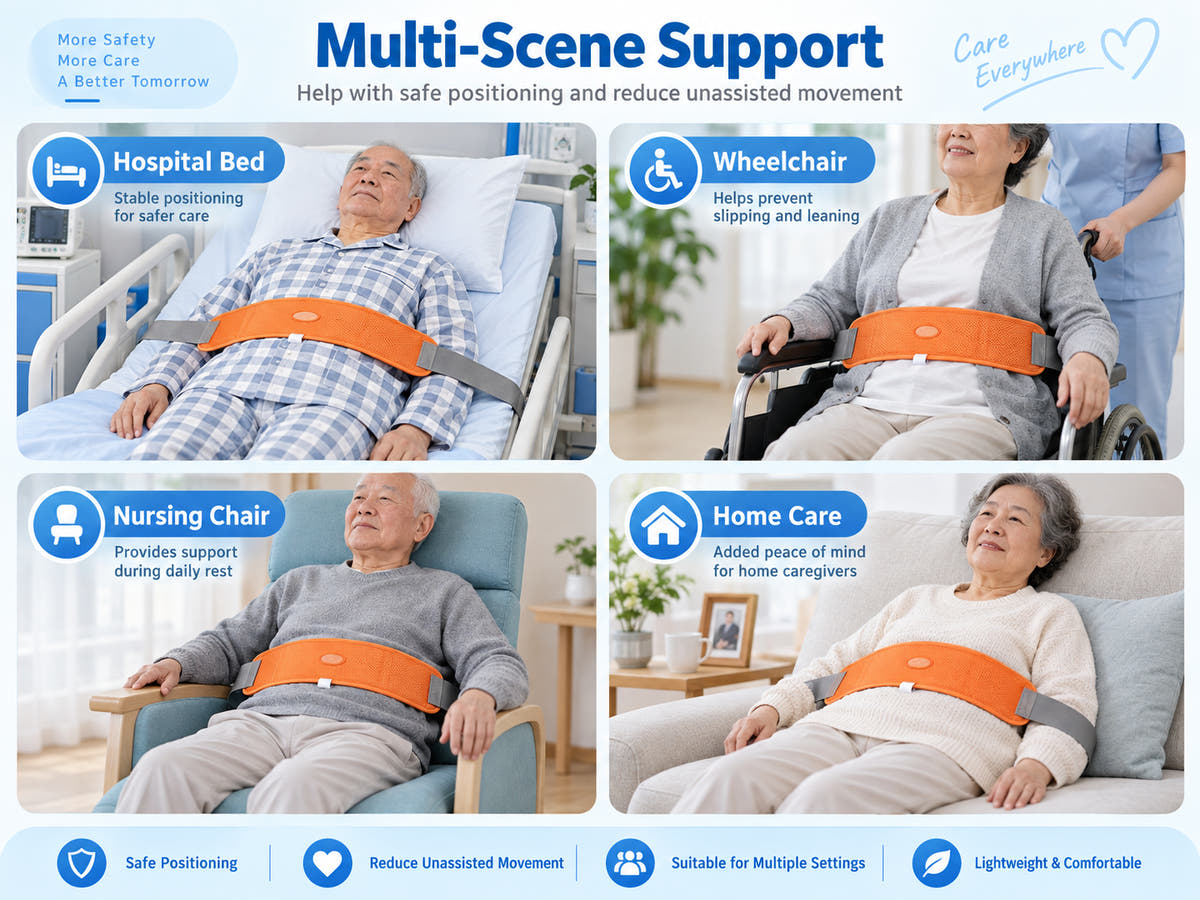 Patient safety restraint belt shown in bed and wheelchair care scenarios