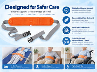 Patient safety restraint belt detail view showing padded handles, reinforced stitching and breathable fabric