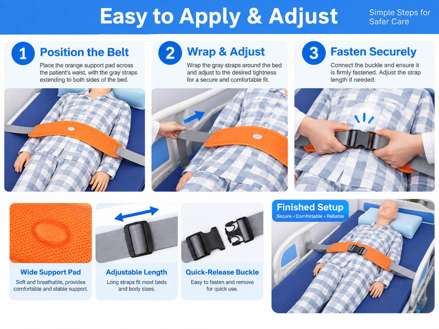 Patient safety restraint belt feature overview with padded handles and adjustable support straps