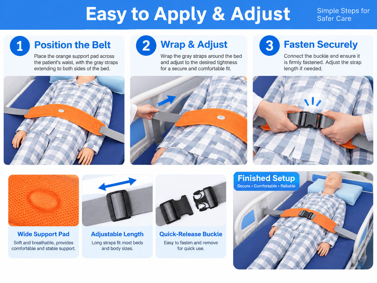 Patient safety restraint belt feature overview with padded handles and adjustable support straps