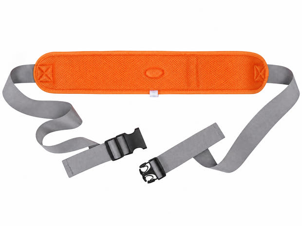 Patient safety restraint belt in orange and gray on a clean white background