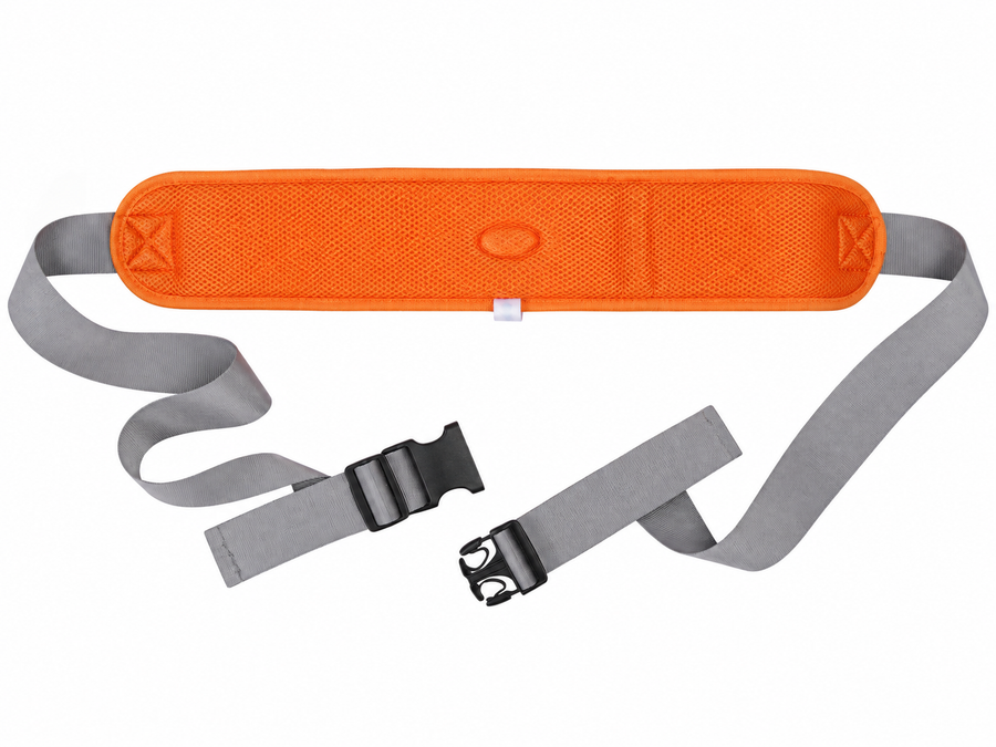 Patient safety restraint belt in orange and gray on a clean white background