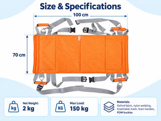 Portable patient transfer sling material details with padded handles, reinforced webbing, breathable mesh and waterproof backing