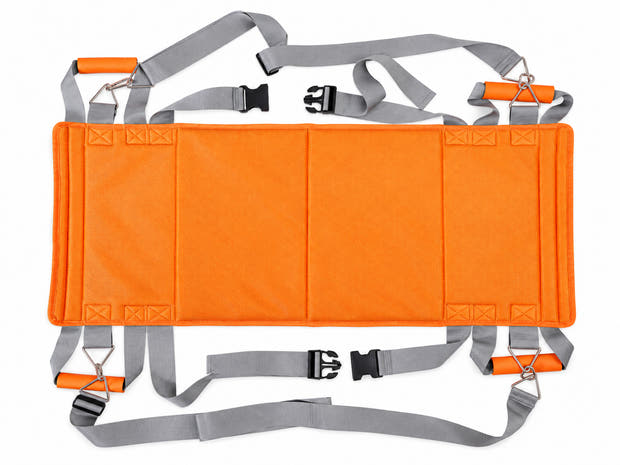 Portable patient transfer sling with multiple handles, orange and gray, front view