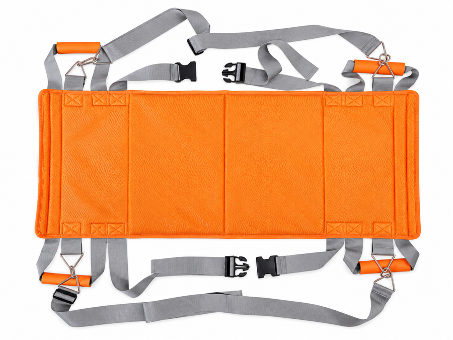 Portable patient transfer sling with multiple handles, orange and gray, front view