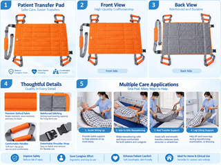Multi-function patient transfer pad applications for sitting up, repositioning, bed transfer, leg lifting and caregiver assistance