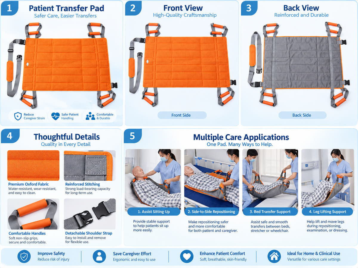 Multi-function patient transfer pad applications for sitting up, repositioning, bed transfer, leg lifting and caregiver assistance