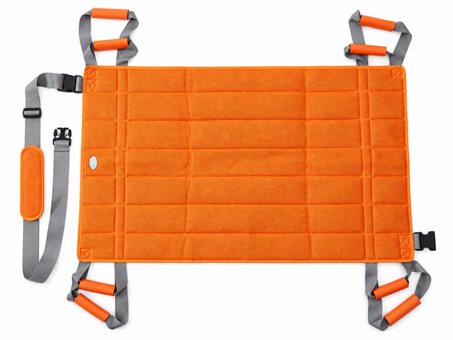 Multi-function patient transfer pad with detachable shoulder strap on a clean white background