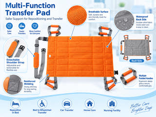 Multi-function patient transfer pad overview with breathable surface, waterproof back side, padded handles and detachable shoulder strap