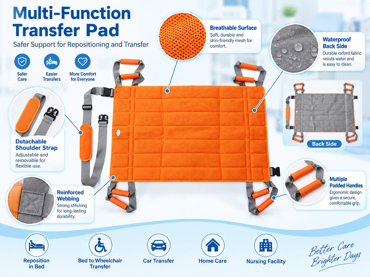 Multi-function patient transfer pad overview with breathable surface, waterproof back side, padded handles and detachable shoulder strap