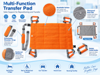 Multi-function patient transfer pad overview with breathable surface, waterproof back side, padded handles and detachable shoulder strap
