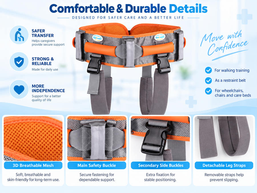 Walking transfer support belt details with breathable mesh, padded handles, quick-release buckles, and detachable leg straps