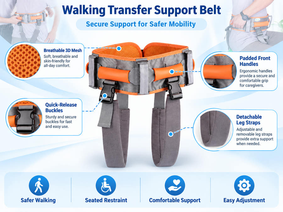 Walking transfer support belt feature overview with breathable mesh, padded front handles, quick-release buckles, and detachable leg straps