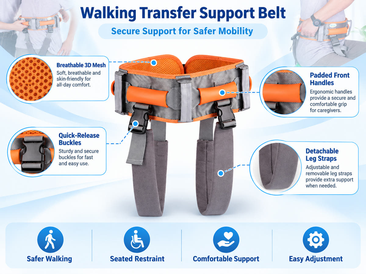 Walking transfer support belt feature overview with breathable mesh, padded front handles, quick-release buckles, and detachable leg straps