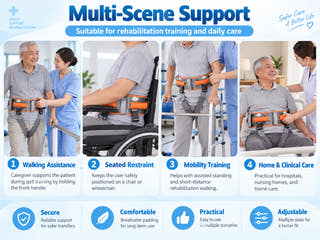 Walking transfer support belt shown for walking assistance, seated restraint, mobility training, and home or clinical care