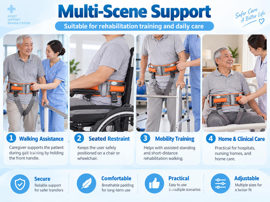 Walking transfer support belt shown for walking assistance, seated restraint, mobility training, and home or clinical care