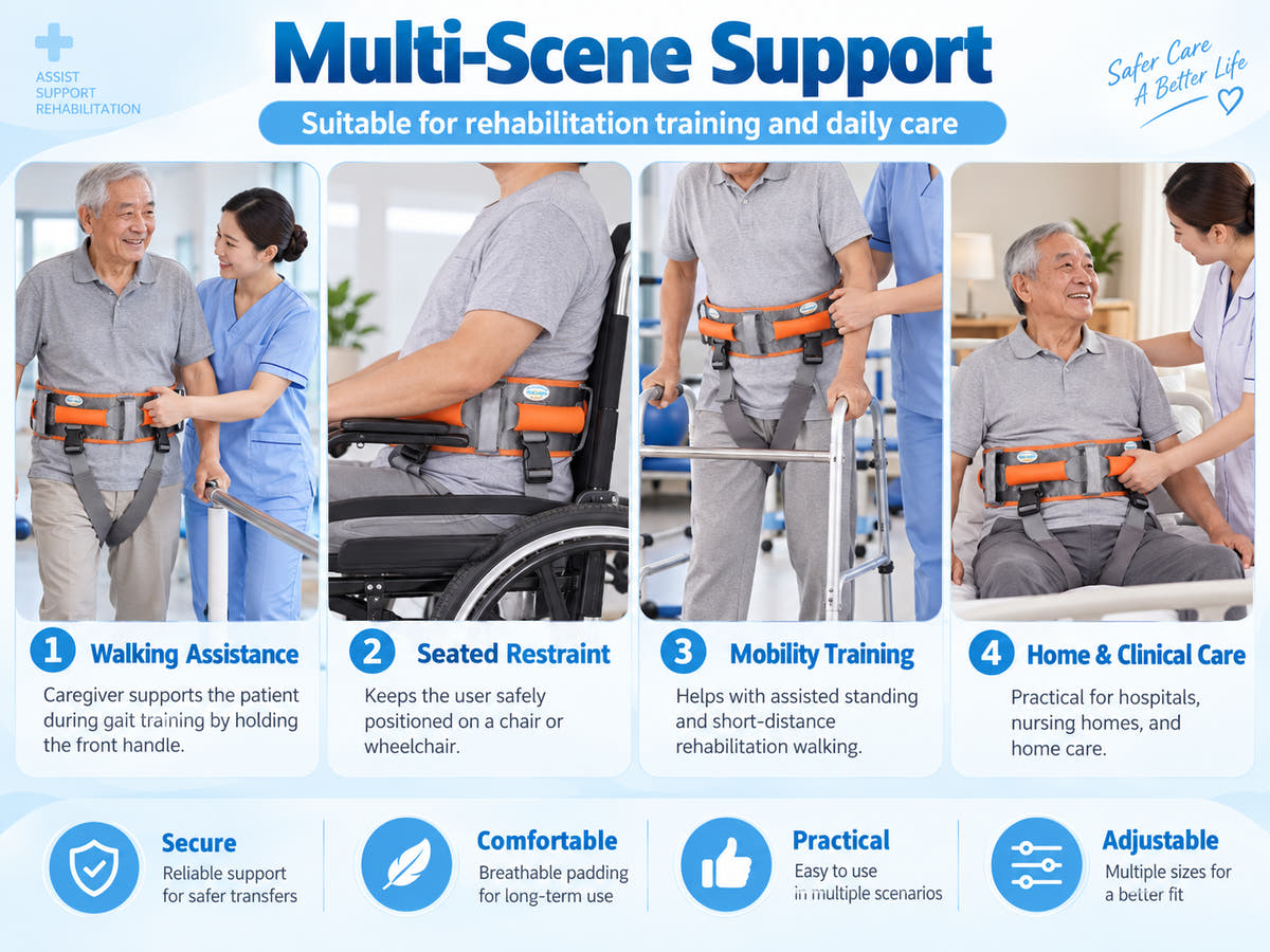 Walking transfer support belt shown for walking assistance, seated restraint, mobility training, and home or clinical care