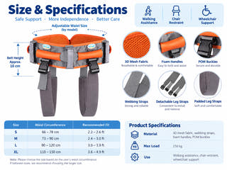 Walking transfer support belt size guide with S, M, L, and XL waist ranges and 150 kg maximum load