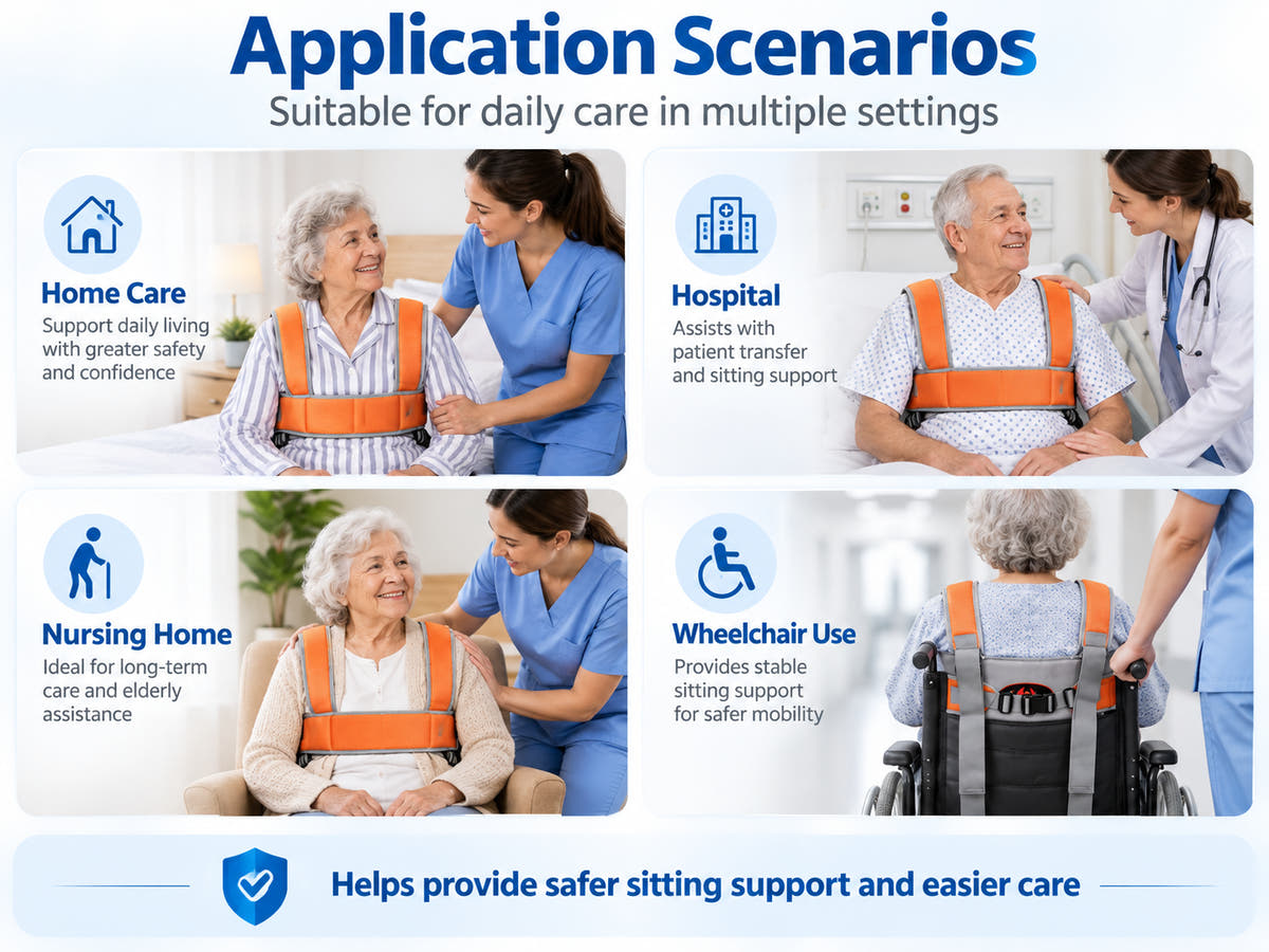 Wheelchair safety support belt application scenarios for home care, hospital, nursing home and wheelchair use