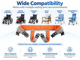 Wheelchair safety support belt compatible with manual wheelchairs, electric wheelchairs, transport chairs, home chairs, bedside chairs and rehabilitation chairs